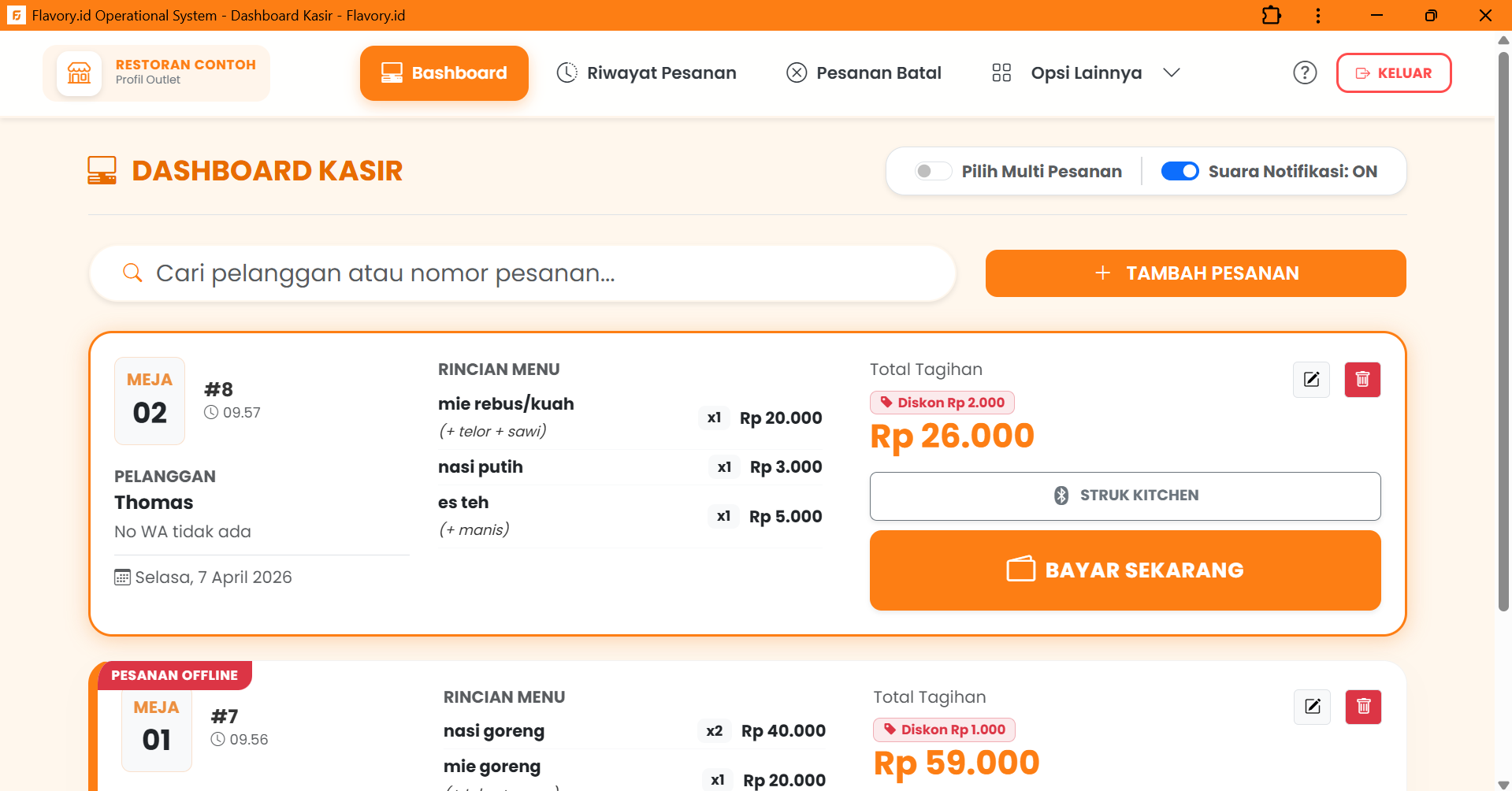 Tampilan Dashboard Manajemen Bisnis Restoran Flavory.id